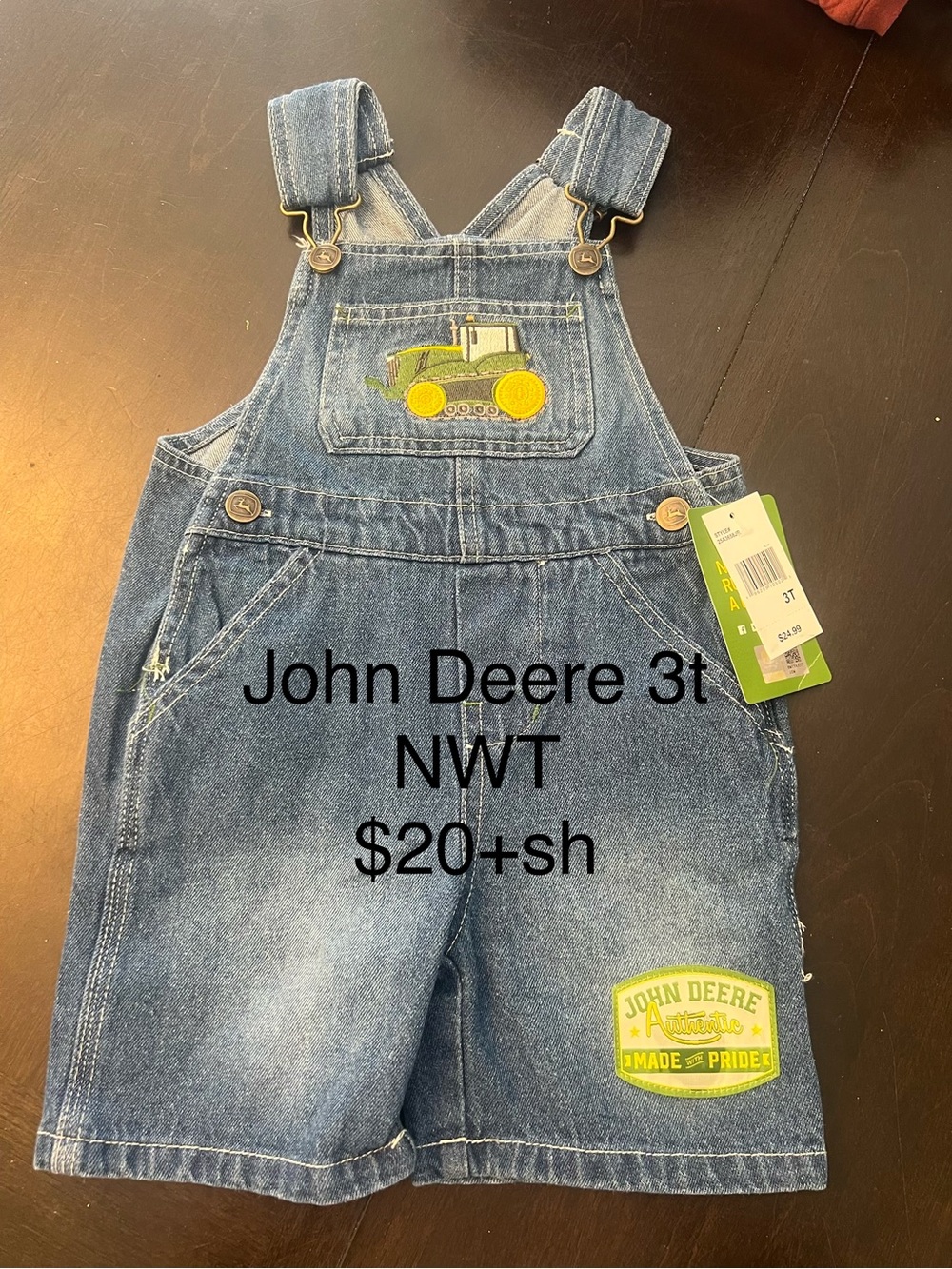 John Deere Denim Short Overalls with Green & Yellow Tractor Applique
